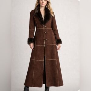 Zara Y2K Brown Long Coat/ Ankle Length with Faux Fur Trim. Size M